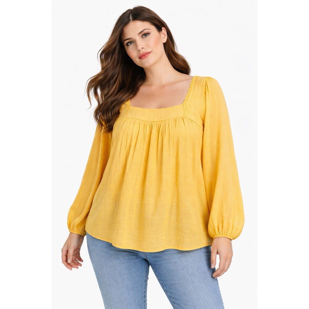 Hope & Harlow Women's  Blouse XL‎ Yellow Square Neck Boho Peasant Top Festival
